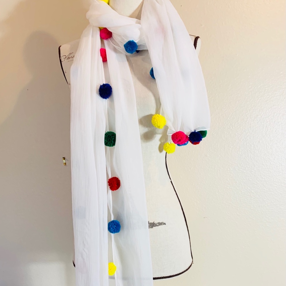 Sheer White Scarf with Multi Colored Pom Poms